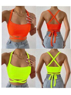 Shein Allurite Crisscross Tie Back Crop Halter Tops Orange & Yellow Women's SZ 6